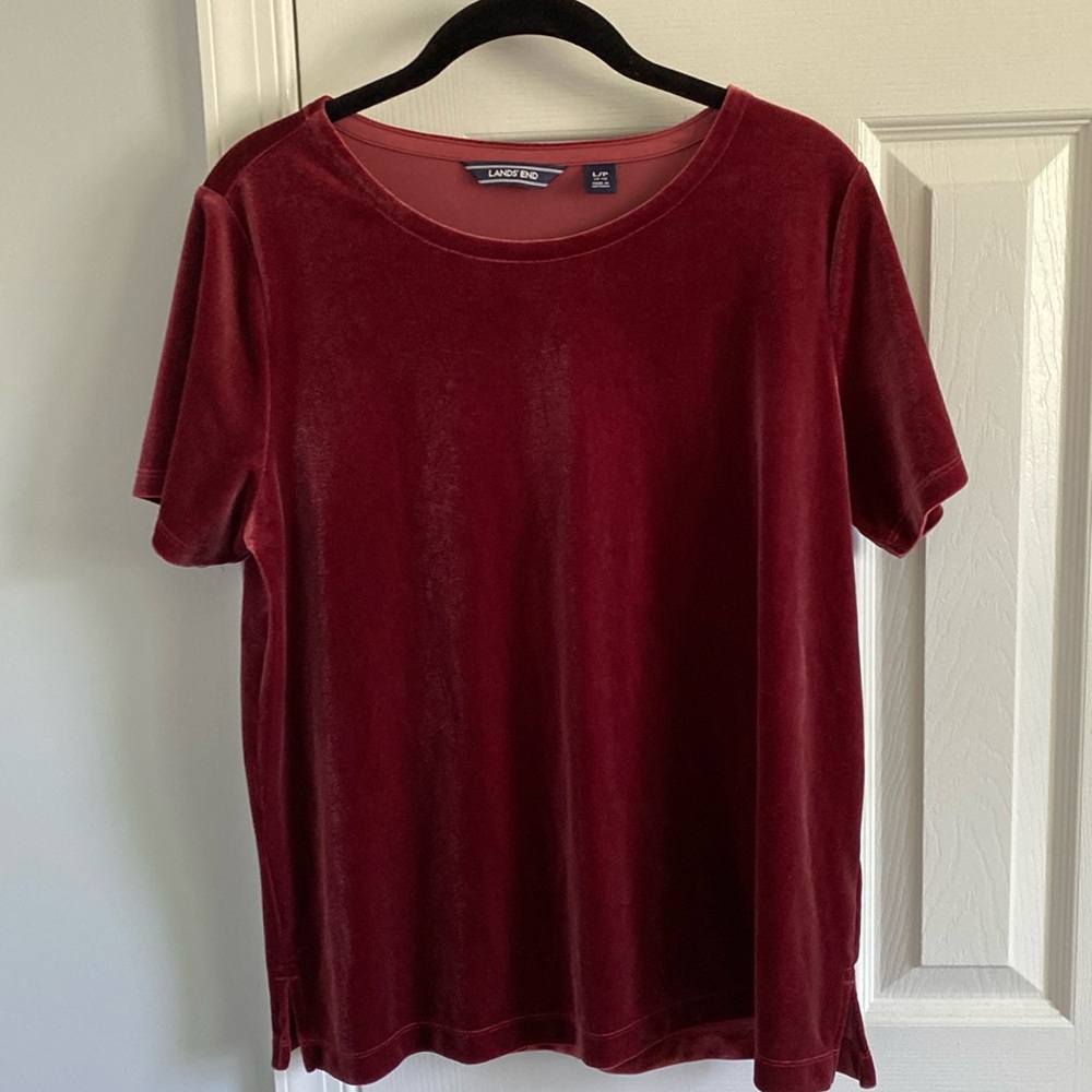 Lands' End Deep Pink Short Sleeve Velvet Velour Tee Women's Size Large